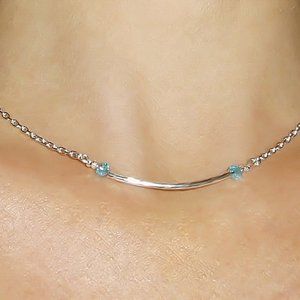 Sky Blue Crystal Silver Tube Necklace/ Silver Bar Layering Chain Choker